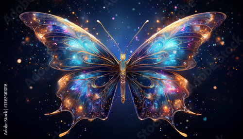 Artistic closeup illustration of a butterfly made out of cosmic galaxy flying in dark sky, beauty of butterflies, colorful wings, abstract insect.
