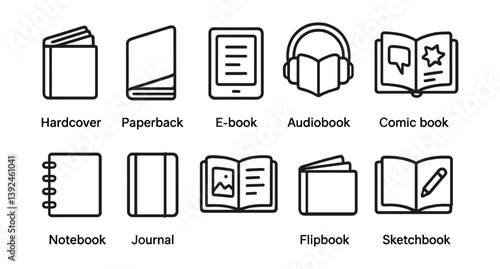 Book and journal icons set–flat design: hardcover, paperback, e-book, audiobook, sketchbook