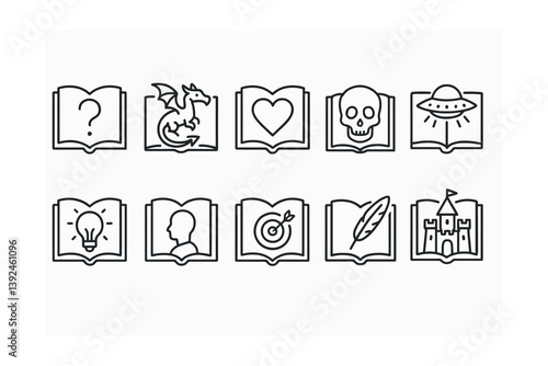 Fantasy book linear icon set: mystical, mythical, and magical stories collection