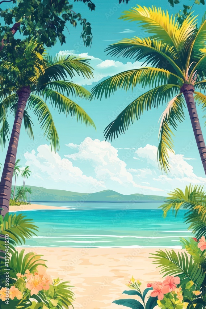 Fototapeta premium The beach with palm trees and sea view illustration tropical summer.