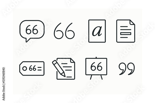 Quotation mark and typography icons set in linear style for editing and writing tools