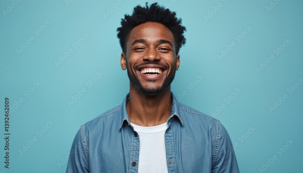 Fototapeta premium Joyful young African American man with bright smile wearing casual denim shirt and white t-shirt on plain light blue studio background. Happy face expressions and positive emotions. Success concept.