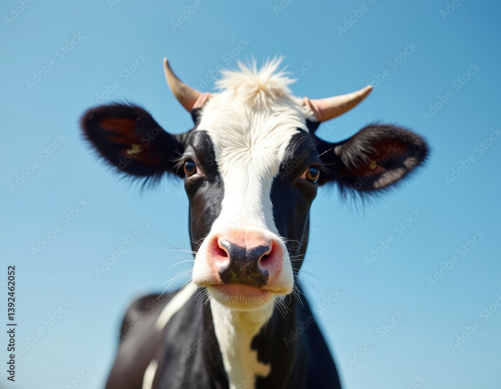 Medium shot of cute cow face against blue sky. Black and white Holstein cow looks at viewer. Pink nose, ears, curious expression. Cattle farming, dairy products, nature, eco, countryside. Medium shot of cute cow face against blue sky. Black and white Holstein cow looks at viewer. Pink nose, ears, curious expression. Cattle farming, dairy products, nature, eco, countryside.