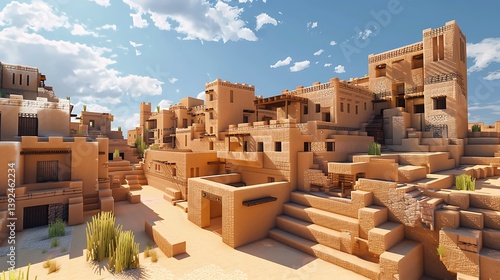 Desert Villages Surrounded by Sandy Terrain Under Bright Blue Sky with Fluffy Cloud Formation