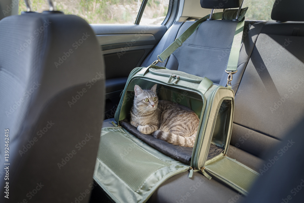 Tabby cat in pet carrier riding in a car