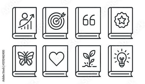 Book icon set: linear style featuring growth, target, quotes, star, butterfly, heart, plant, lightbulb