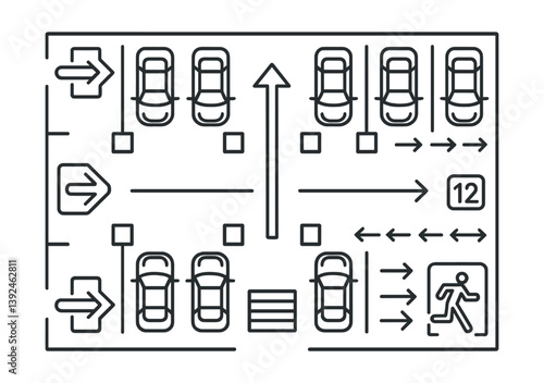 Linear parking icon set: spaces, arrows, signs, and directions for navigation