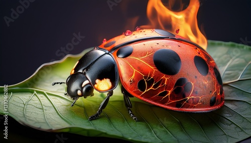 Closeup portrait of ladybug on fire walking on a burning green leaf, insect in flames, beauty of nature, macro.