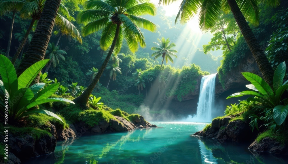 Fototapeta premium Lush canopies of exotic foliage drape over crystal clear streams and waterfalls in a serene tropical oasis, tropical, jungle