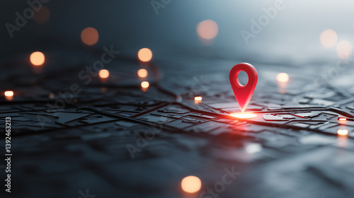 Red location pin on a dark map with glowing lights indicating nearby points of interest location search