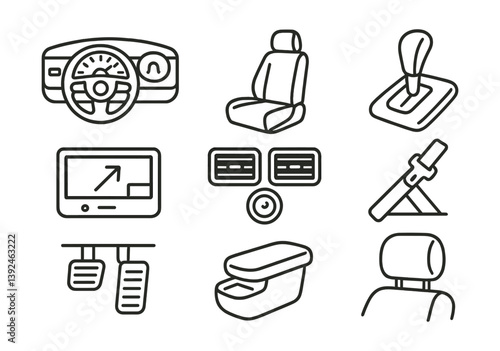 Linear car interior icon set: steering wheel, gear shift, dashboard, pedals, and more