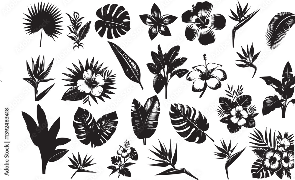 Set of tropical leaves and exotic flower. Palm, banana leaf, hibiscus, plumeria flowers, bird of paradise., monstera Bouquets with tropical flowers. silhouette Vector illustration. Set of tropical leaves and exotic flower. Palm, banana leaf, hibiscus, plumeria flowers, bird of paradise., monstera Bouquets with tropical flowers. silhouette Vector illustration.