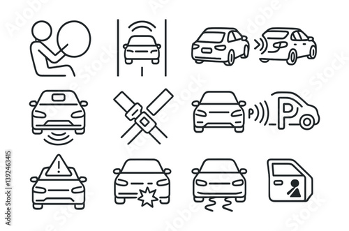 Car safety icons set: linear design illustrating essential automotive features