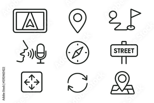 Navigation icon set: linear style with gps, compass, and map symbols