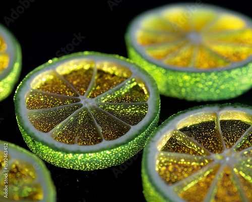 Closeup citrus cross sections with glowing pulp on black table.