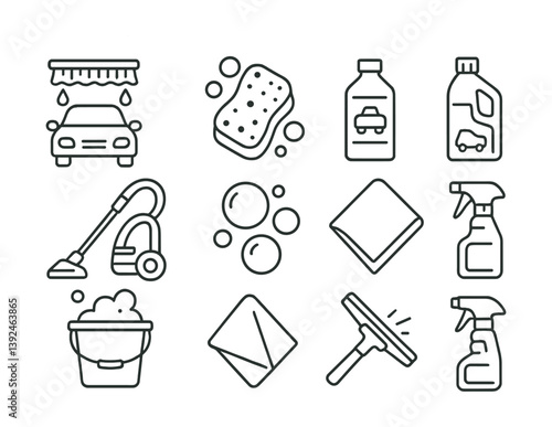 Car cleaning essentials: linear icon set featuring tools and supplies for vehicle maintenance