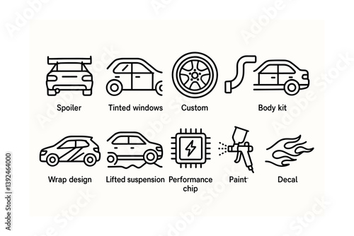 Automotive customization icons set: linear style for car enthusiasts