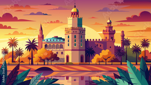 Seville sunset skyline torre del Oro in Sevilla