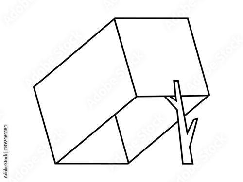 Hand drawn cute outline illustration of box with stick trap. Flat vector temptation trial line art doodle. Deception of expectations concept sticker, icon or print. Greed or curiosity. Isolated.