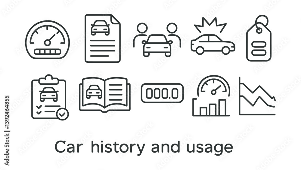 Fototapeta premium Car history and usage icons set - linear style: documents, graphs, and more