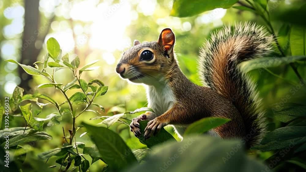Close-Up View of a Playful Squirrel Among Green Leaves in a Sunlit Forest Setting, Showcasing Nature's Beauty and Wildlife Serenity Close-Up View of a Playful Squirrel Among Green Leaves in a Sunlit Forest Setting, Showcasing Nature's Beauty and Wildlife Serenity