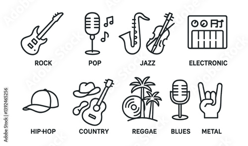 Music genre icons set: rock, pop, jazz, electronic, hip-hop, country, reggae, blues, metal