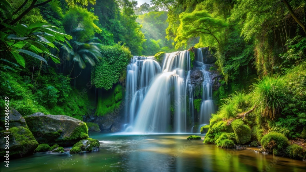 Obraz premium Pristine waterfall cascading through lush green vegetation, peaceful, cascade, peaceful, cascade, outdoor, water feature
