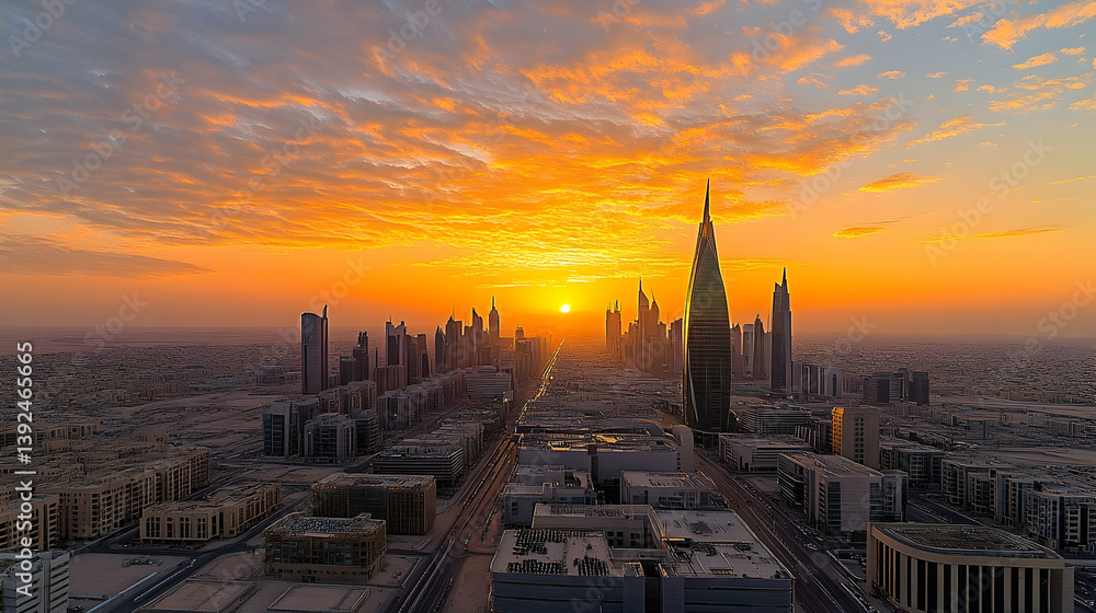 Naklejka premium City sunrise, aerial view, skyscrapers, vibrant sky, urban development