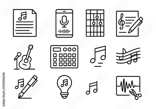 Linear music creation icon set: instruments, notes, and recording elements