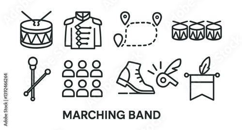 Marching band icon set: linear style illustrations of musical instruments and events