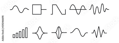 Linear sound wave icon set for audio and music design projects