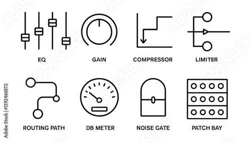 Professional audio equipment linear icons set with eq, gain, and more