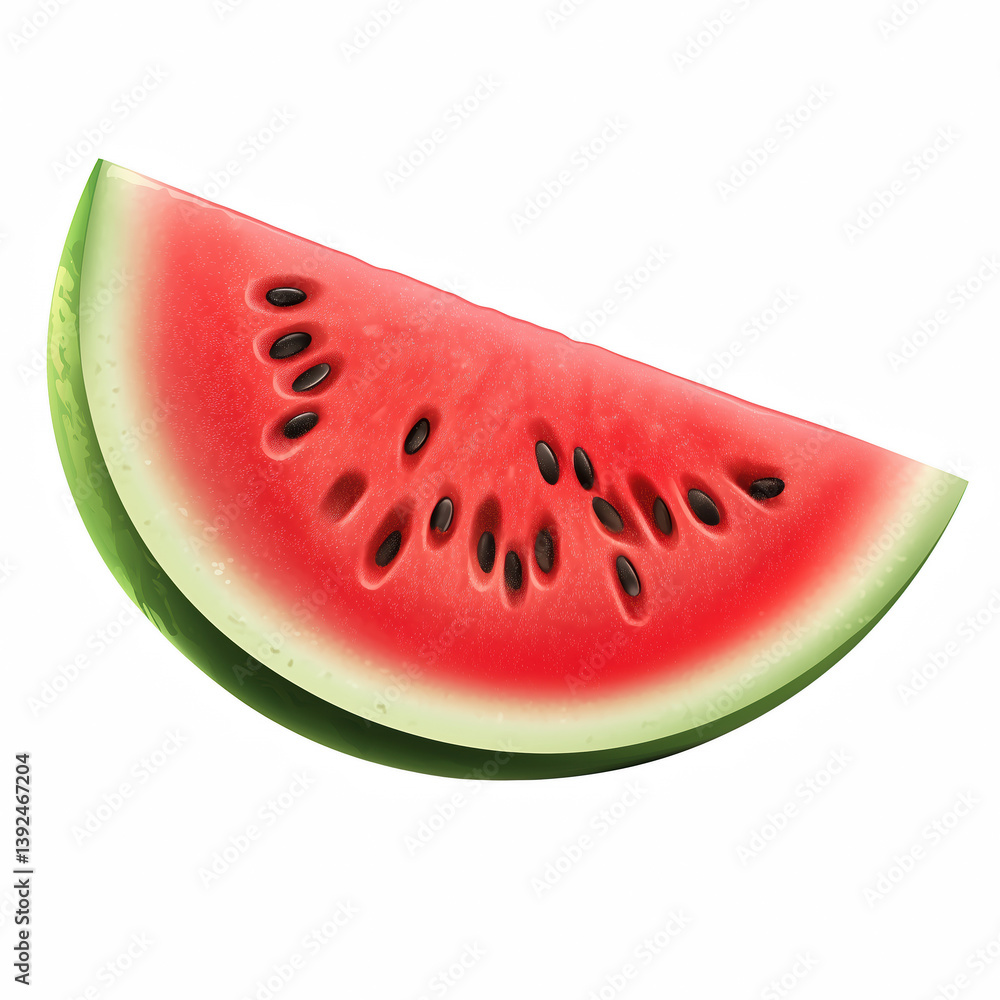 Realistic illustration of a juicy red watermelon slice with green rind and black seeds, vibrant summer fruit, isolated on transparent background. Realistic illustration of a juicy red watermelon slice with green rind and black seeds, vibrant summer fruit, isolated on transparent background.