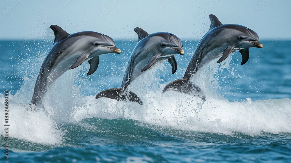Fototapeta premium Three dolphins leaping, ocean waves, sunny day, wildlife, marine life