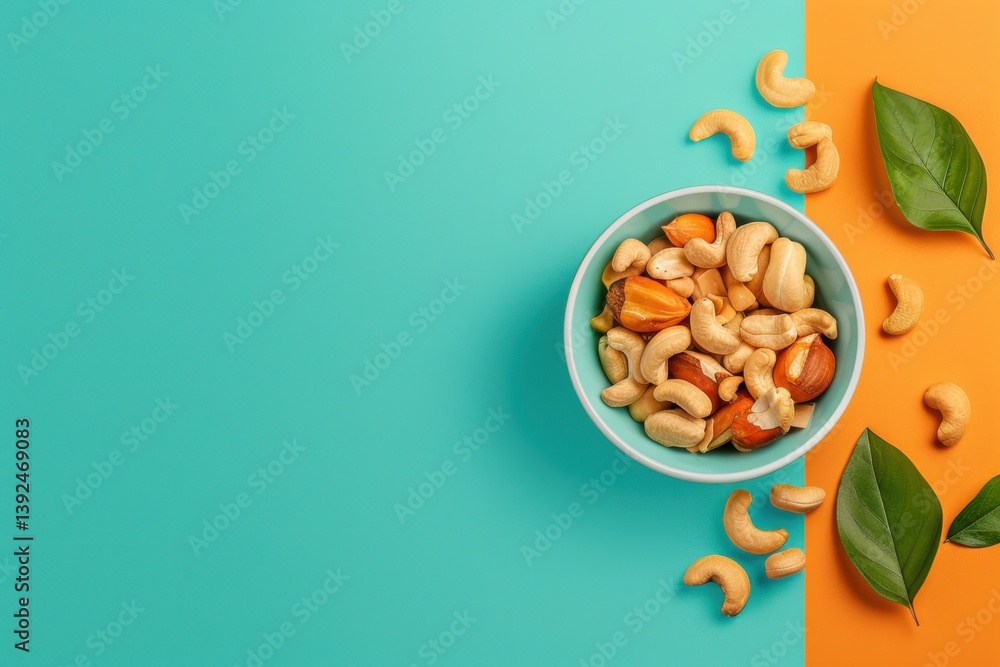 Colorful bowl of mixed nuts on a vibrant background with fresh leaves and scattered nuts Colorful bowl of mixed nuts on a vibrant background with fresh leaves and scattered nuts