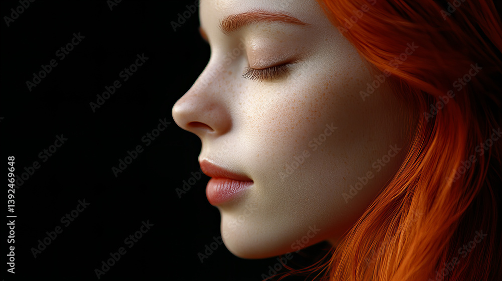Close up of young redhead woman with freckles and closed eyes on dark background, natural beauty and skincare portrait for wellness, self love, spa, dermatology, and cosmetic branding
Close up of young redhead woman with freckles and closed eyes on dark background, natural beauty and skincare portrait for wellness, self love, spa, dermatology, and cosmetic branding