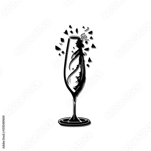 Elegant monochrome depiction of a shattered flute glass, symbolizing fragility