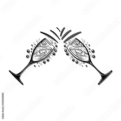 Elegant toast representation featuring stylized champagne flutes in monochrome artwork