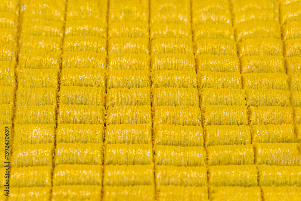 Fototapeta premium Pistachio baklava. Golden baklava pieces aligned in perfect rows, shines with rich color. Food background