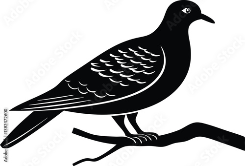 Beautiful Emerald Dove bird sitting forward on the branch silhouette black color vector illustration