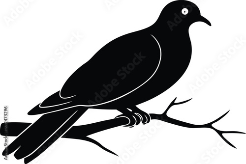 Beautiful Emerald Dove bird sitting forward on the branch silhouette black color vector illustration