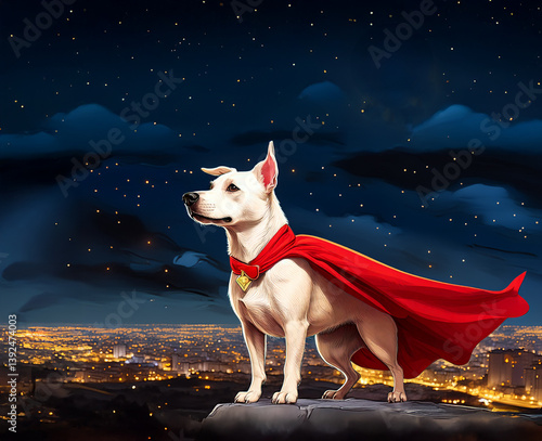 Caricature illustration of a white short-haired dog with red super hero cape posing on a cliff overlooking a city at night, super hero character.