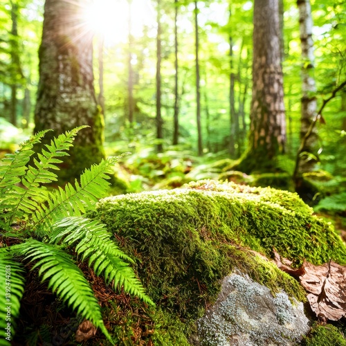 Exploring nature's serenity lush ferns and moss in a sunlit forest outdoor environment tranquil viewpoint