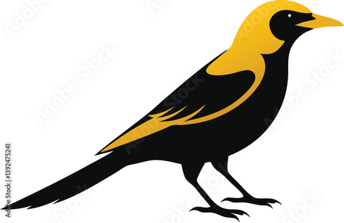 Beautiful Golden Oriole bird sitting forward on the branch silhouette black color vector illustration 