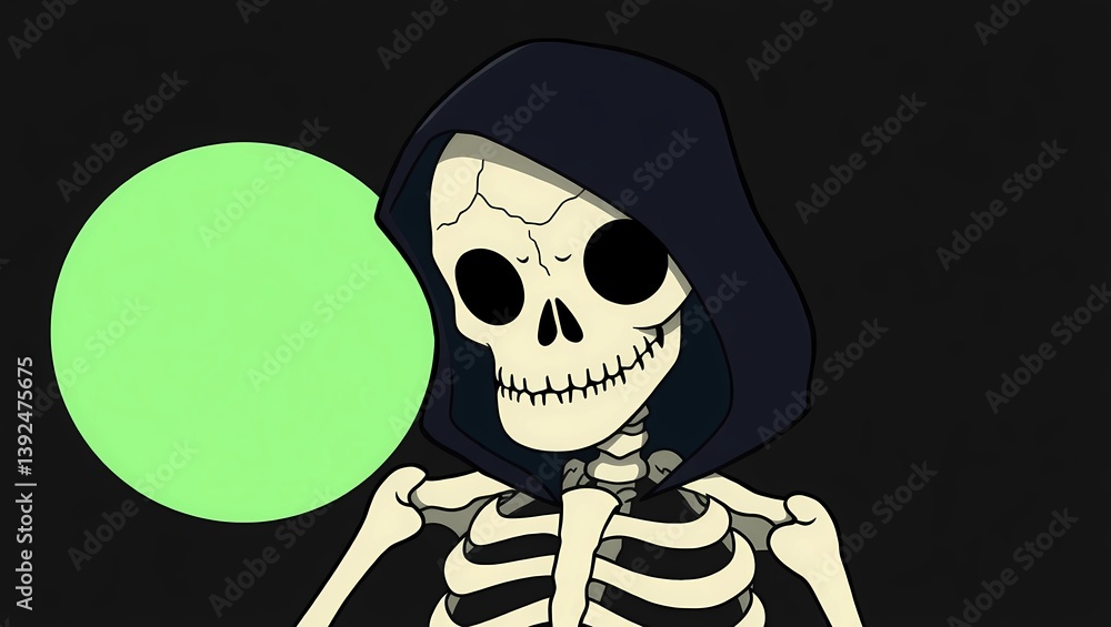 Cartoon skeleton in dark cloak with glowing green orb on a black background Cartoon skeleton in dark cloak with glowing green orb on a black background