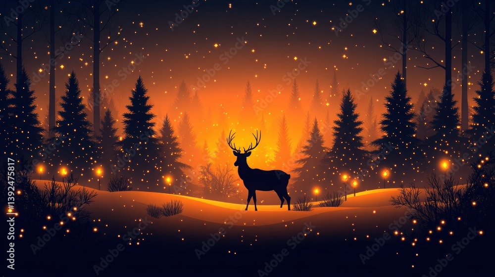 Silhouetted deer in a winter wonderland forest lit by warm light Silhouetted deer in a winter wonderland forest lit by warm light