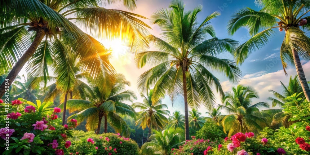 Fototapeta premium Palm trees swaying gently in warm sunlight with lush green foliage and vibrant flowers, tropical, sunny, tropical
