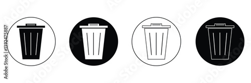 Trash can icon in black and white in round circle, Trash garbage can, bin waste vector, Suitable for Web Sites, Books, Cards, Apps . Vector Illustration .EPS 10 . 