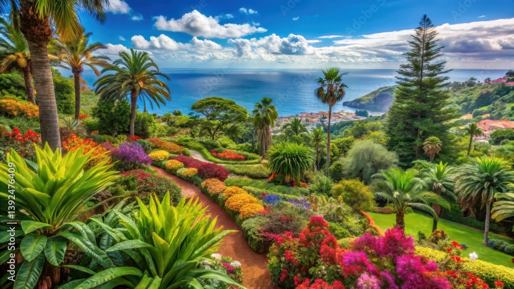 Fototapeta premium Lush tropical flowers in a vibrant botanical garden surrounded by lush greenery and exotic plants