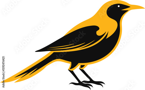 Beautiful Golden Oriole bird sitting forward on the branch silhouette black color vector illustration 